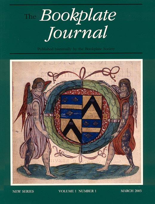 Cover of March 2003 issue of The Bookplate Journal showing the handcoloured bookplate
of Cardinal David Beaton